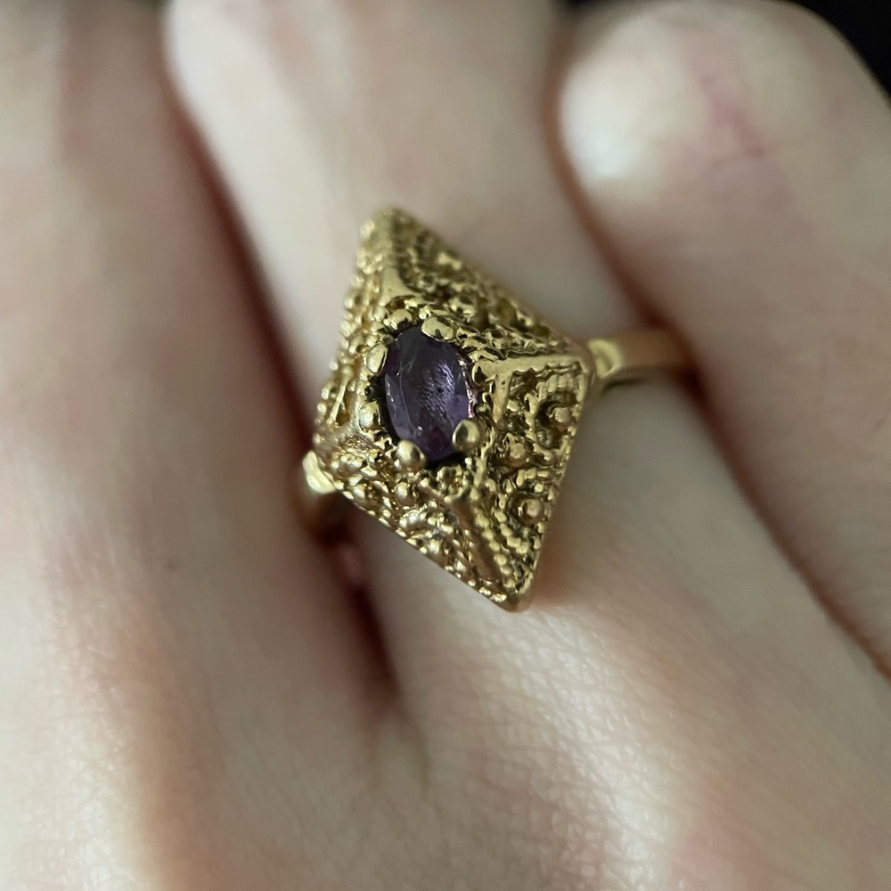 Etruscan 14k Gold Hand Wrought Granulated Filigree Scroll Lozenge Statement Ring - Picture 5 of 15